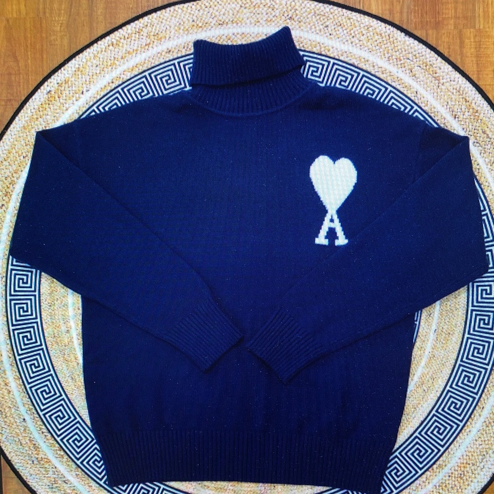 Navy Blue Turtleneck Sweater with Heart Logo